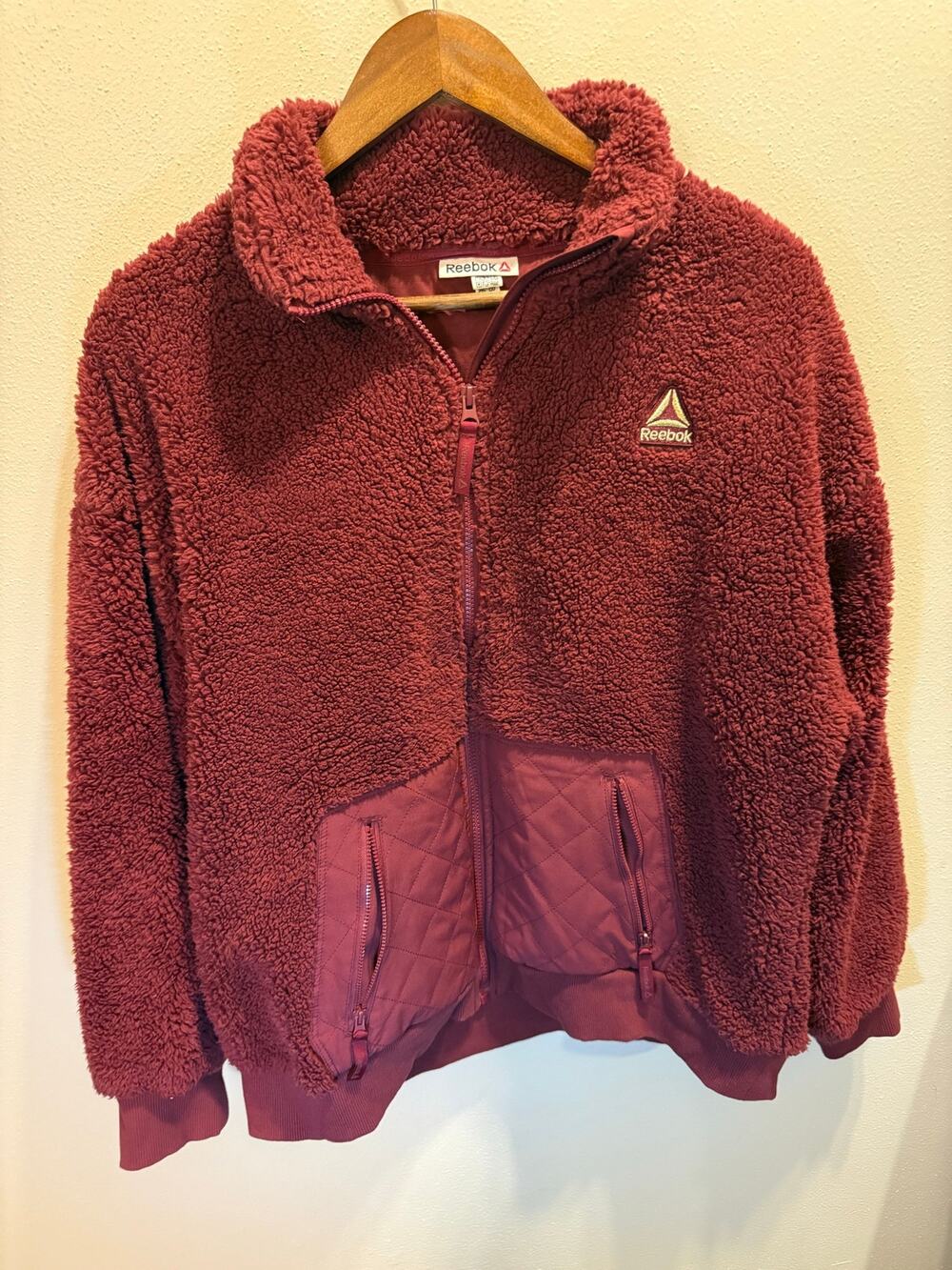 Reebok Women’s Burgundy Sherpa Fleece Full-Zip Jacket Quilted Pockets